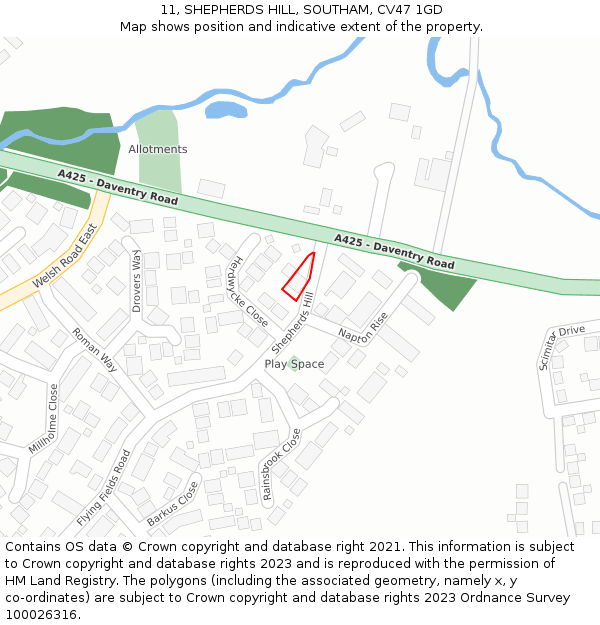 11, SHEPHERDS HILL, SOUTHAM, CV47 1GD: Location map and indicative extent of plot