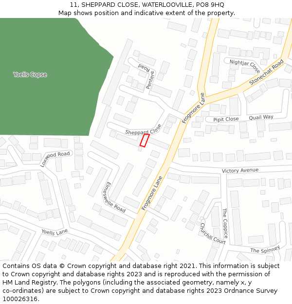 11, SHEPPARD CLOSE, WATERLOOVILLE, PO8 9HQ: Location map and indicative extent of plot