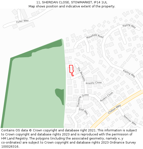 11, SHERIDAN CLOSE, STOWMARKET, IP14 1UL: Location map and indicative extent of plot