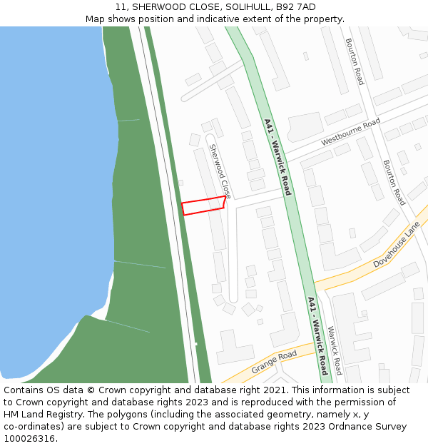 11, SHERWOOD CLOSE, SOLIHULL, B92 7AD: Location map and indicative extent of plot