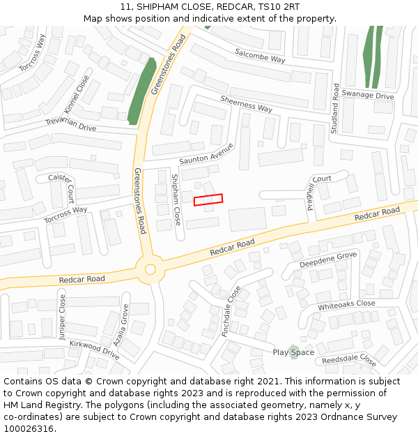 11, SHIPHAM CLOSE, REDCAR, TS10 2RT: Location map and indicative extent of plot