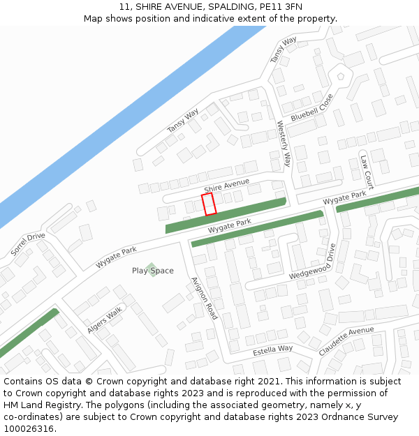 11, SHIRE AVENUE, SPALDING, PE11 3FN: Location map and indicative extent of plot