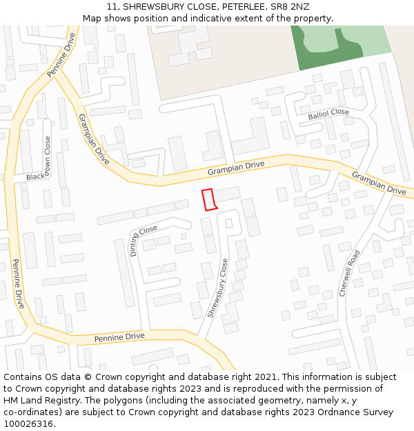11, SHREWSBURY CLOSE, PETERLEE, SR8 2NZ: Location map and indicative extent of plot