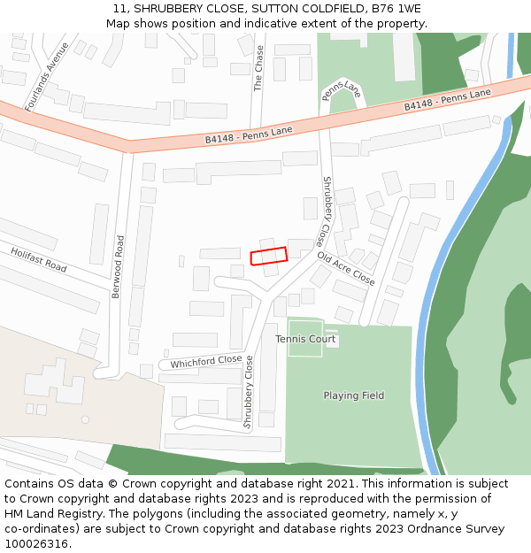 11, SHRUBBERY CLOSE, SUTTON COLDFIELD, B76 1WE: Location map and indicative extent of plot