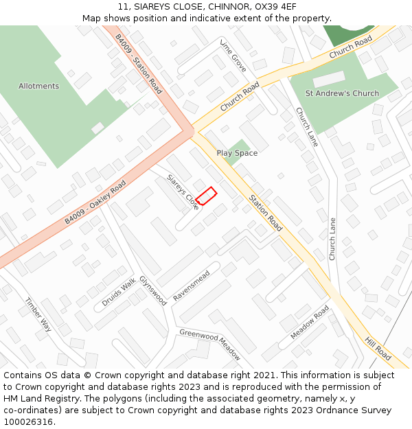 11, SIAREYS CLOSE, CHINNOR, OX39 4EF: Location map and indicative extent of plot