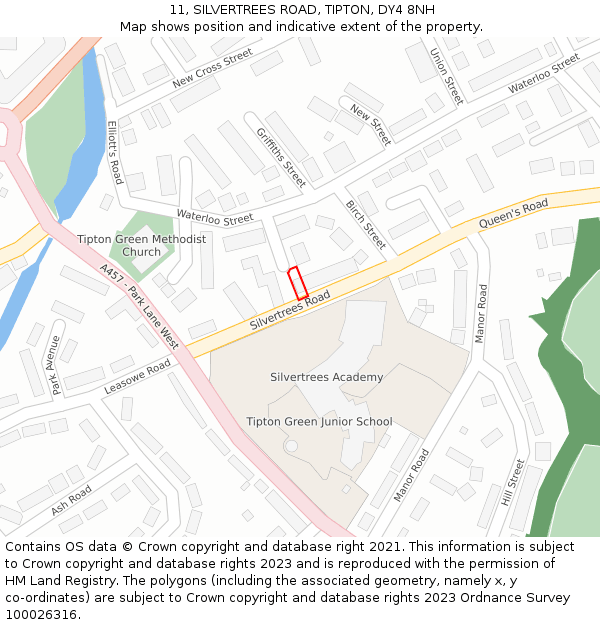 11, SILVERTREES ROAD, TIPTON, DY4 8NH: Location map and indicative extent of plot