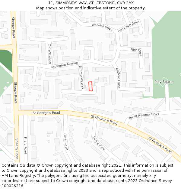 11, SIMMONDS WAY, ATHERSTONE, CV9 3AX: Location map and indicative extent of plot