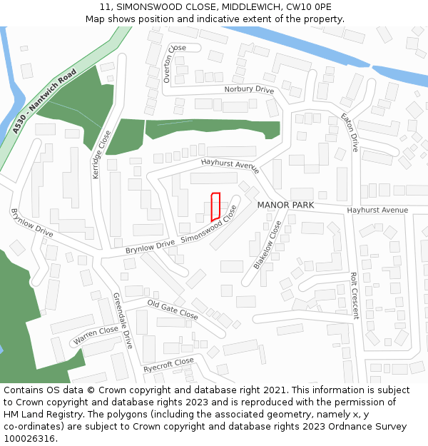 11, SIMONSWOOD CLOSE, MIDDLEWICH, CW10 0PE: Location map and indicative extent of plot