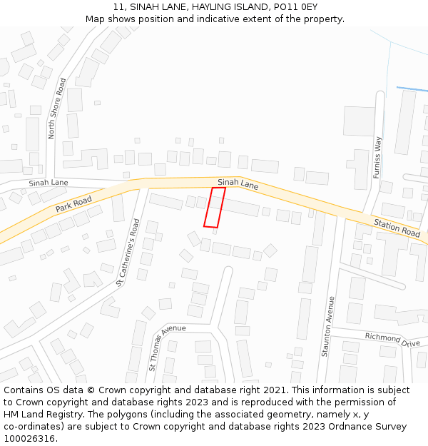 11, SINAH LANE, HAYLING ISLAND, PO11 0EY: Location map and indicative extent of plot