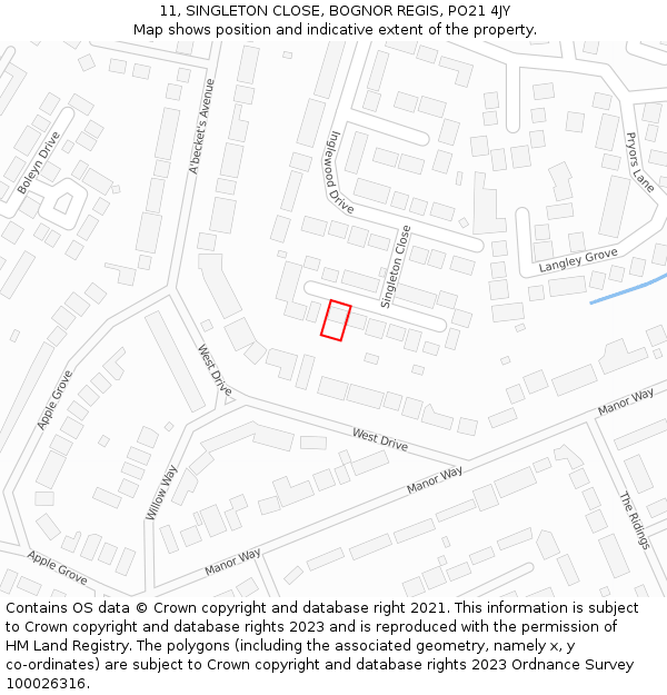 11, SINGLETON CLOSE, BOGNOR REGIS, PO21 4JY: Location map and indicative extent of plot