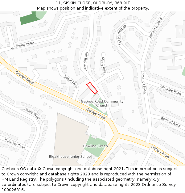 11, SISKIN CLOSE, OLDBURY, B68 9LT: Location map and indicative extent of plot