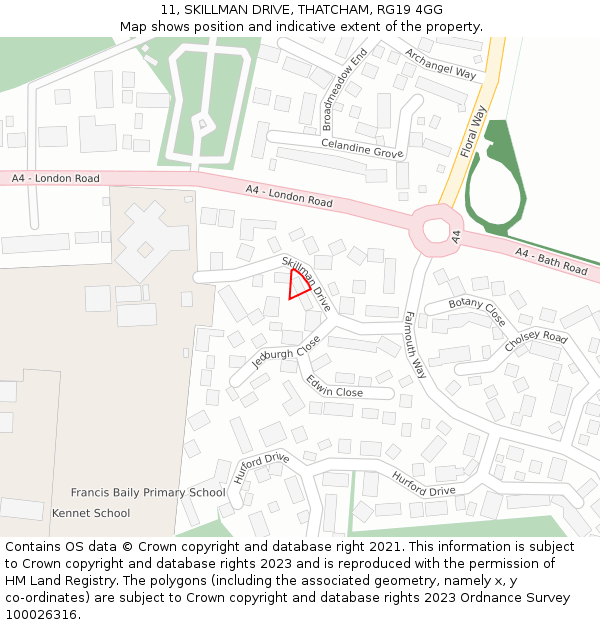 11, SKILLMAN DRIVE, THATCHAM, RG19 4GG: Location map and indicative extent of plot