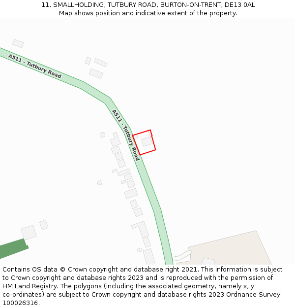 11, SMALLHOLDING, TUTBURY ROAD, BURTON-ON-TRENT, DE13 0AL: Location map and indicative extent of plot