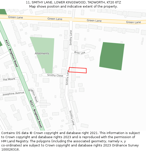 11, SMITHY LANE, LOWER KINGSWOOD, TADWORTH, KT20 6TZ: Location map and indicative extent of plot