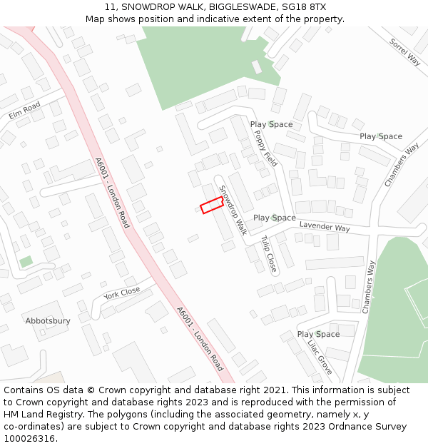 11, SNOWDROP WALK, BIGGLESWADE, SG18 8TX: Location map and indicative extent of plot