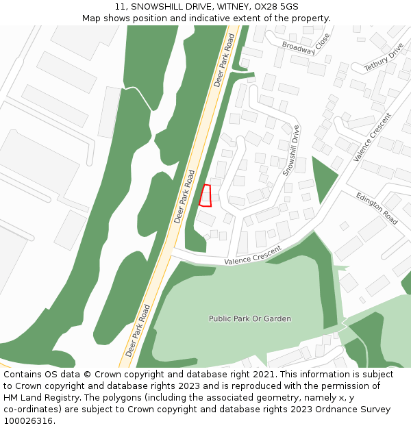 11, SNOWSHILL DRIVE, WITNEY, OX28 5GS: Location map and indicative extent of plot