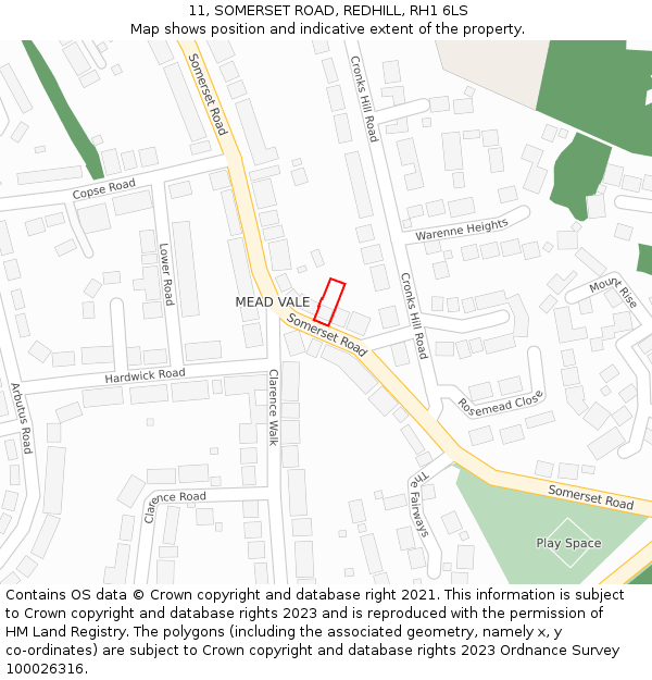 11, SOMERSET ROAD, REDHILL, RH1 6LS: Location map and indicative extent of plot