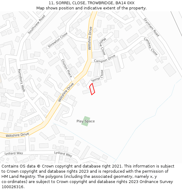 11, SORREL CLOSE, TROWBRIDGE, BA14 0XX: Location map and indicative extent of plot