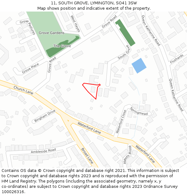 11, SOUTH GROVE, LYMINGTON, SO41 3SW: Location map and indicative extent of plot