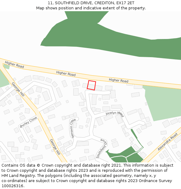 11, SOUTHFIELD DRIVE, CREDITON, EX17 2ET: Location map and indicative extent of plot