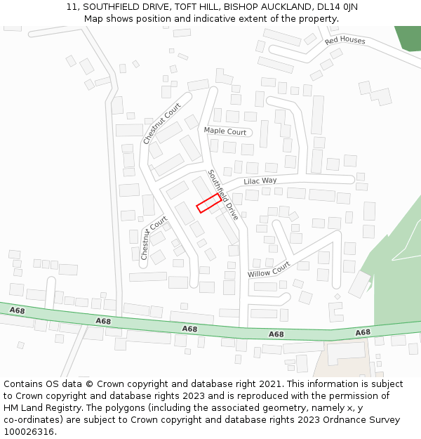 11, SOUTHFIELD DRIVE, TOFT HILL, BISHOP AUCKLAND, DL14 0JN: Location map and indicative extent of plot