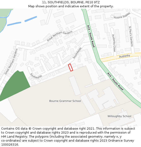11, SOUTHFIELDS, BOURNE, PE10 9TZ: Location map and indicative extent of plot