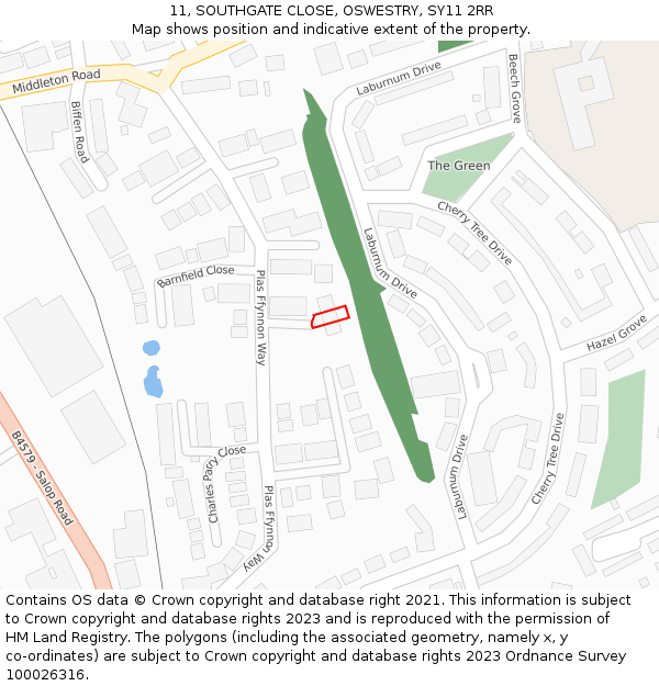 11, SOUTHGATE CLOSE, OSWESTRY, SY11 2RR: Location map and indicative extent of plot