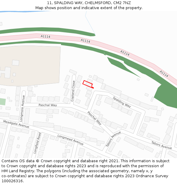 11, SPALDING WAY, CHELMSFORD, CM2 7NZ: Location map and indicative extent of plot