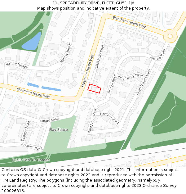 11, SPREADBURY DRIVE, FLEET, GU51 1JA: Location map and indicative extent of plot