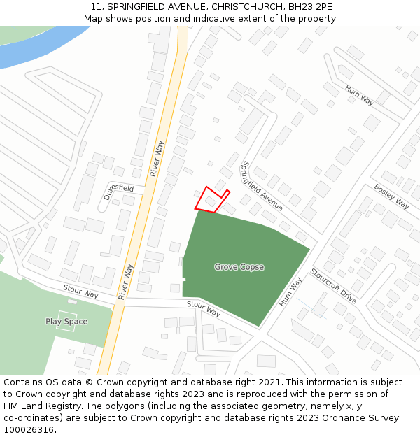 11, SPRINGFIELD AVENUE, CHRISTCHURCH, BH23 2PE: Location map and indicative extent of plot