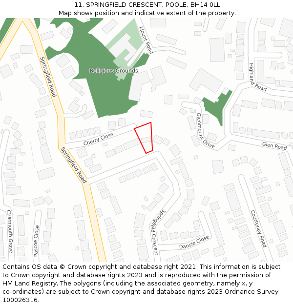 11, SPRINGFIELD CRESCENT, POOLE, BH14 0LL: Location map and indicative extent of plot