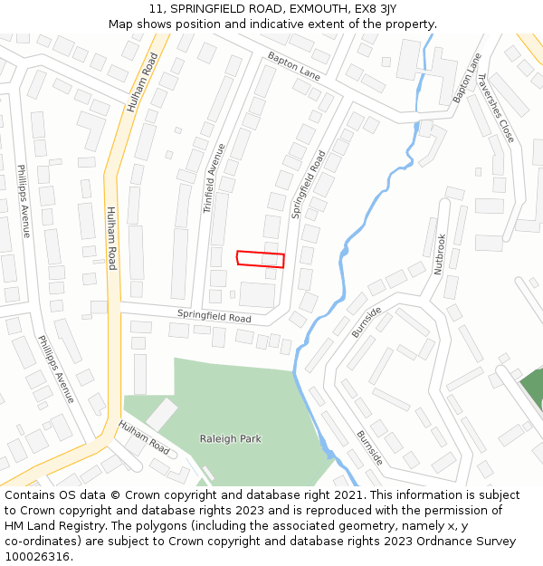 11, SPRINGFIELD ROAD, EXMOUTH, EX8 3JY: Location map and indicative extent of plot