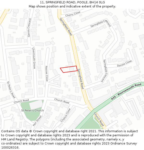 11, SPRINGFIELD ROAD, POOLE, BH14 0LG: Location map and indicative extent of plot
