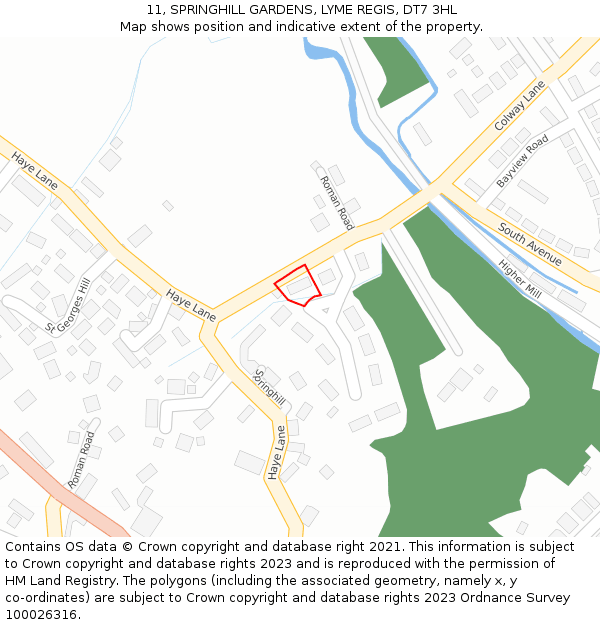 11, SPRINGHILL GARDENS, LYME REGIS, DT7 3HL: Location map and indicative extent of plot