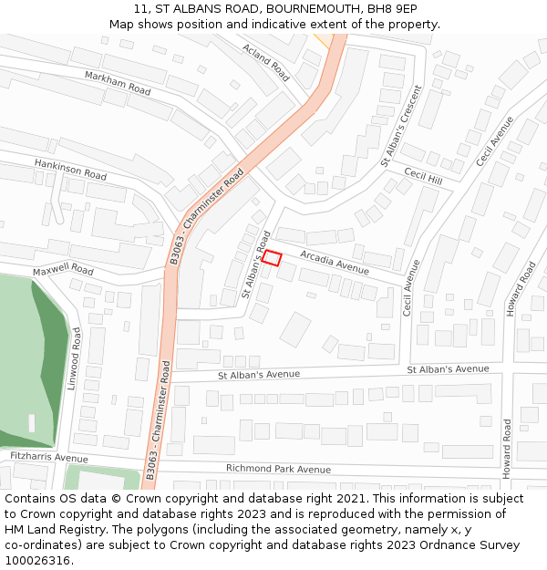 11, ST ALBANS ROAD, BOURNEMOUTH, BH8 9EP: Location map and indicative extent of plot