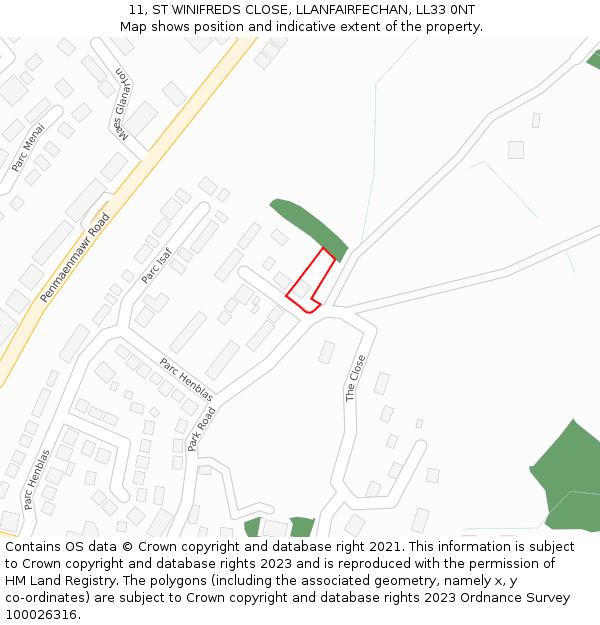 11, ST WINIFREDS CLOSE, LLANFAIRFECHAN, LL33 0NT: Location map and indicative extent of plot