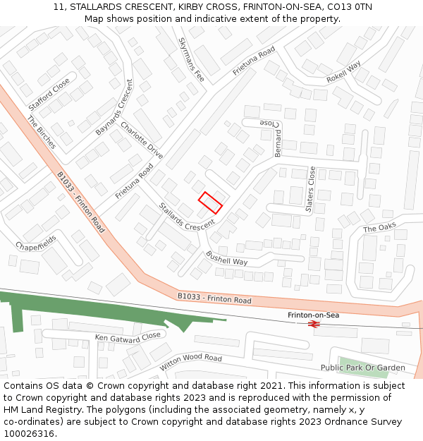 11, STALLARDS CRESCENT, KIRBY CROSS, FRINTON-ON-SEA, CO13 0TN: Location map and indicative extent of plot