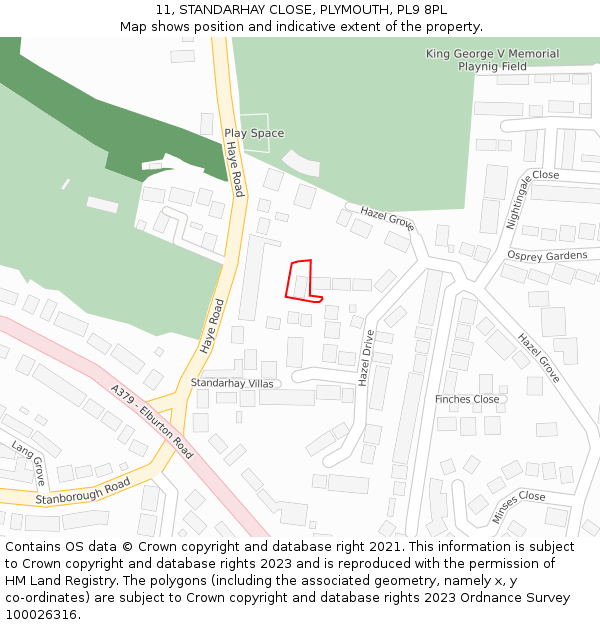 11, STANDARHAY CLOSE, PLYMOUTH, PL9 8PL: Location map and indicative extent of plot