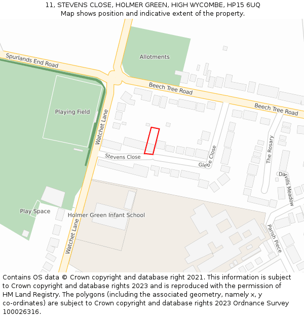 11, STEVENS CLOSE, HOLMER GREEN, HIGH WYCOMBE, HP15 6UQ: Location map and indicative extent of plot