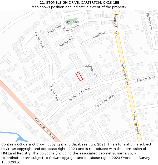 11, STONELEIGH DRIVE, CARTERTON, OX18 1EE: Location map and indicative extent of plot