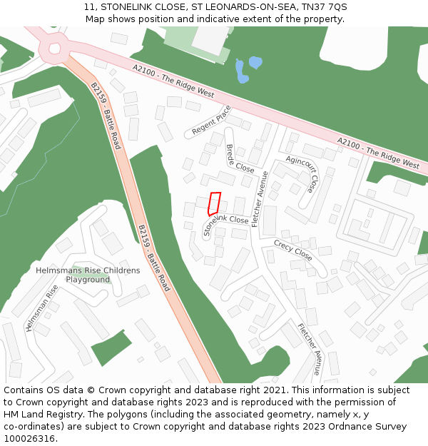 11, STONELINK CLOSE, ST LEONARDS-ON-SEA, TN37 7QS: Location map and indicative extent of plot