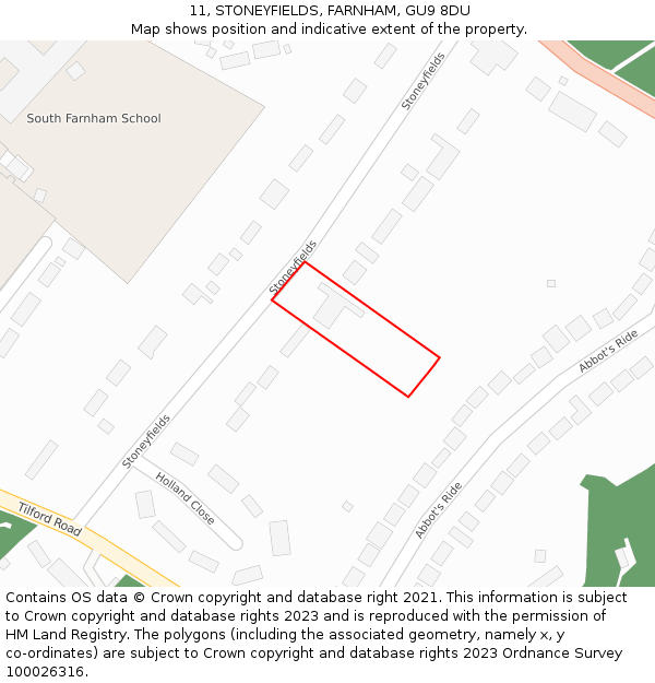 11, STONEYFIELDS, FARNHAM, GU9 8DU: Location map and indicative extent of plot