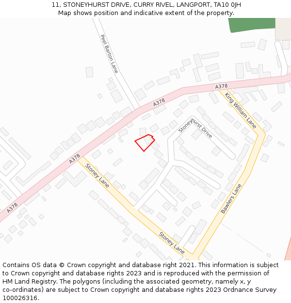 11, STONEYHURST DRIVE, CURRY RIVEL, LANGPORT, TA10 0JH: Location map and indicative extent of plot