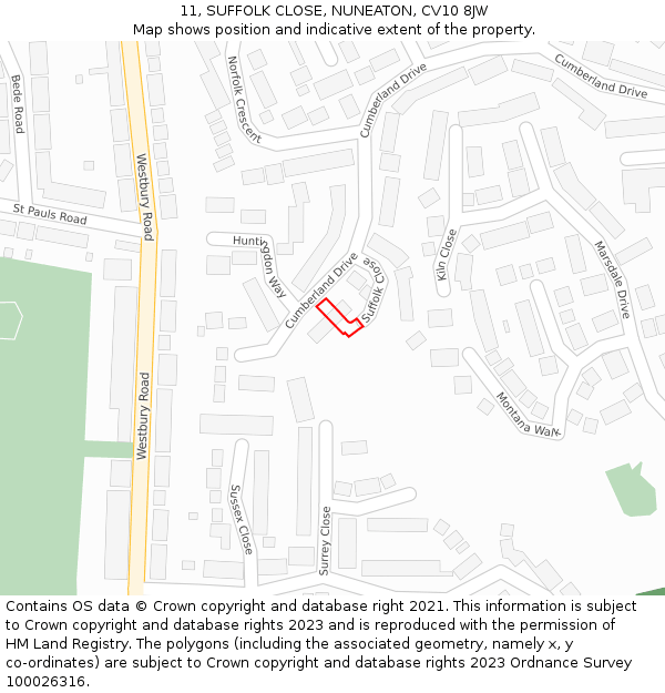 11, SUFFOLK CLOSE, NUNEATON, CV10 8JW: Location map and indicative extent of plot