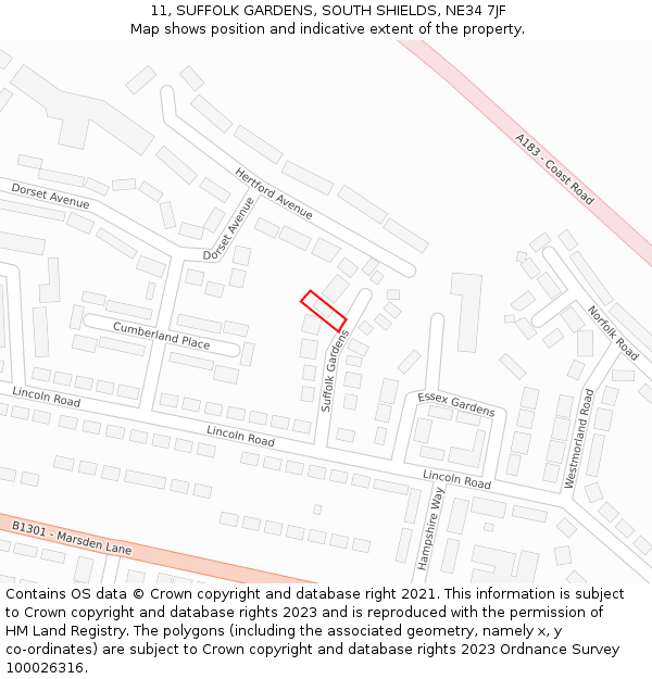 11, SUFFOLK GARDENS, SOUTH SHIELDS, NE34 7JF: Location map and indicative extent of plot