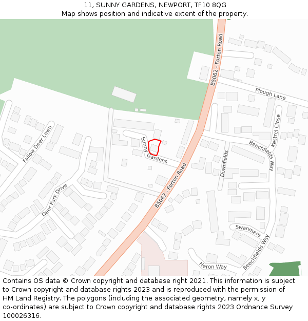 11, SUNNY GARDENS, NEWPORT, TF10 8QG: Location map and indicative extent of plot