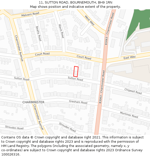 11, SUTTON ROAD, BOURNEMOUTH, BH9 1RN: Location map and indicative extent of plot