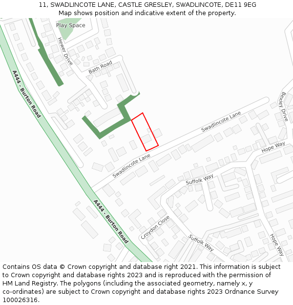 11, SWADLINCOTE LANE, CASTLE GRESLEY, SWADLINCOTE, DE11 9EG: Location map and indicative extent of plot