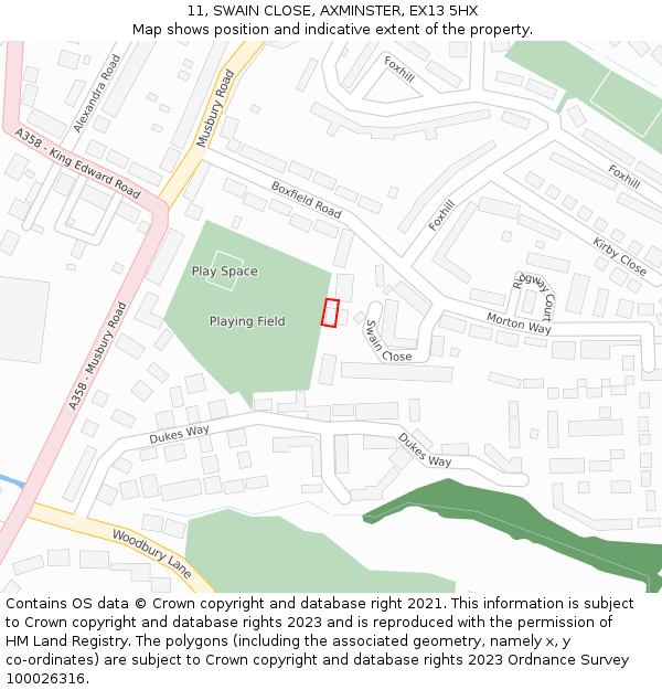 11, SWAIN CLOSE, AXMINSTER, EX13 5HX: Location map and indicative extent of plot