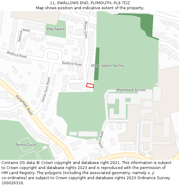 11, SWALLOWS END, PLYMOUTH, PL9 7DZ: Location map and indicative extent of plot